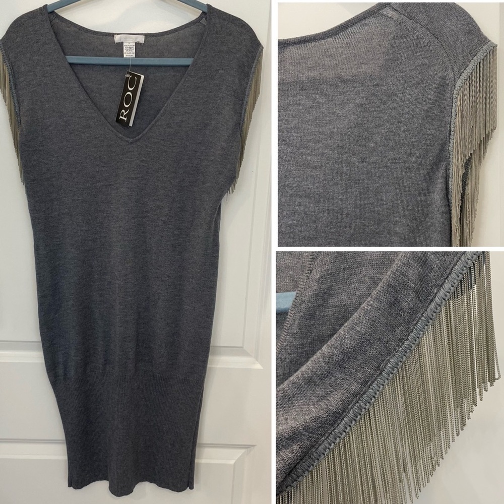 ROC Caribbean Queen NWT Gray Chain Fringe Short Sleeve Sweater Dress - Large